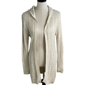 SO Open Front Hooded Cardigan Large Cream Excellent Cable Knit Longline